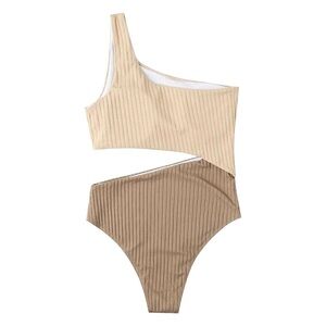 Ribbed One-Shoulder Cutout Swimsuit - Beige & Tan